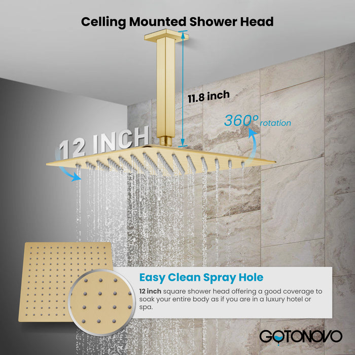 gotonovo Rain Shower System Ceiling Mount 12 Inch Shower Head with Handheld Spray Luxury High Pressure Shower Combo Set Rough-in Valve and Shower Trim Included Dual Function
