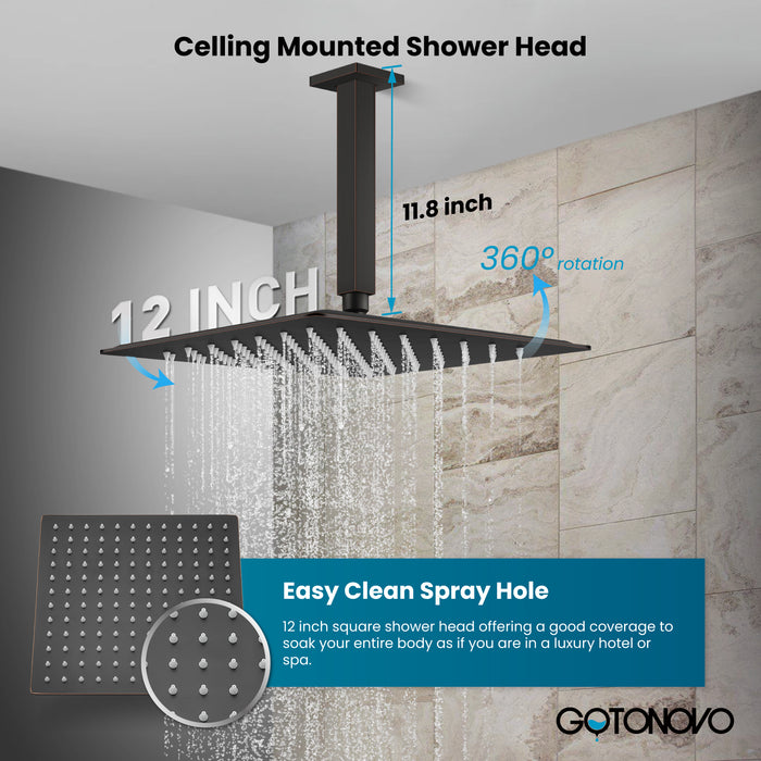 gotonovo Rain Shower System Ceiling Mount 12 Inch Shower Head with Handheld Spray Luxury High Pressure Shower Combo Set Rough-in Valve and Shower Trim Included Dual Function