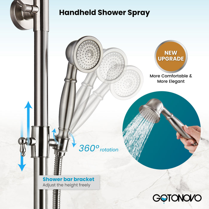 gotonovo Exposed Bathroom Shower System Classic Shower Kit 8 Inch Luxurious Rainfall Shower Head Handheld Spray Tub Filler Brass Pipe 3-Function Wall Mount Double Cross Knobs