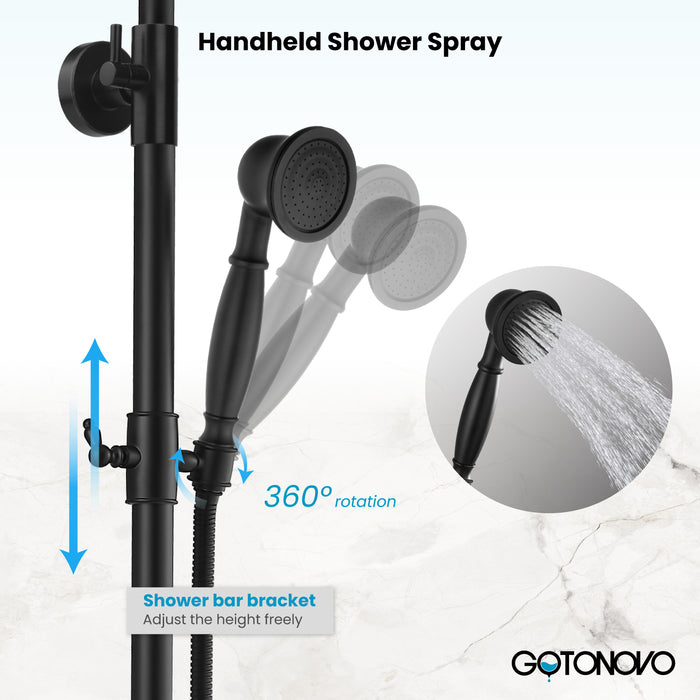 gotonovo Exposed Bathroom Shower Faucet Wall Mounted Shower System Dual Functions 8 inch Wall Mounted with Shower Shelf Double Cross Handles Adjustable Handheld Sprayer