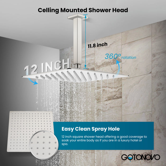 gotonovo Rain Shower System Ceiling Mount 12 Inch Shower Head with Handheld Spray Luxury High Pressure Shower Combo Set Rough-in Valve and Shower Trim Included Dual Function