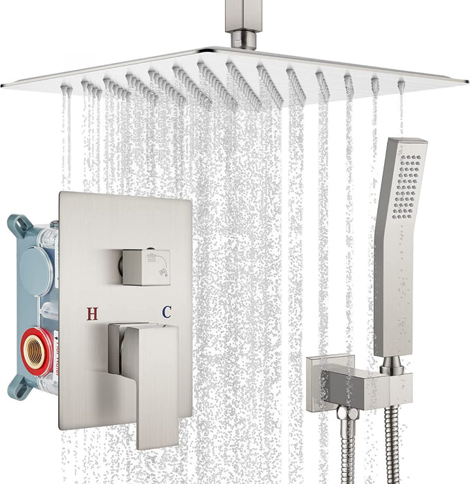 gotonovo Ceiling Mount Rainfall Shower System with Square Shower Head with Handheld shower and Pressure Balance Shower Valve Kit Luxury Rain Mixer Shower Combo Set Bathroom