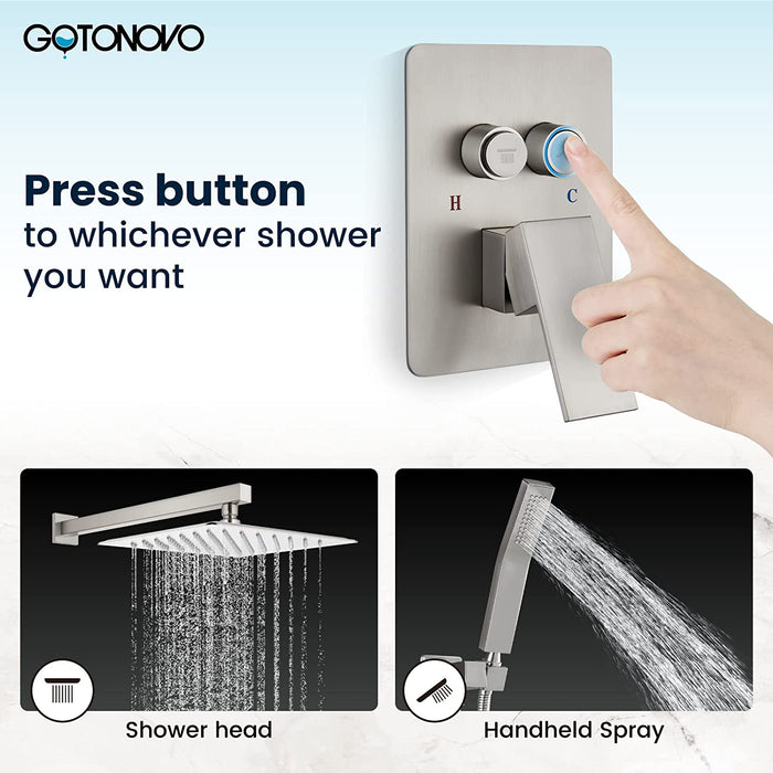 gotonovo Push Button Rain Shower System Rainfall Shower Head with Handheld Shower Wall Mount Pressure Balance Valve Included Dual Functions