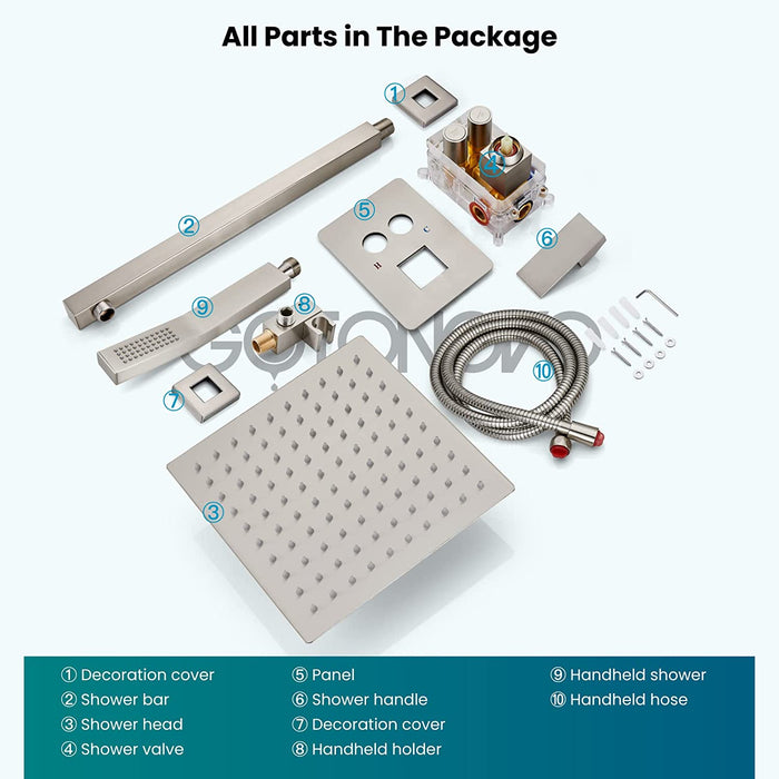gotonovo Push Button Rain Shower System Rainfall Shower Head with Handheld Shower Wall Mount Pressure Balance Valve Included Dual Functions