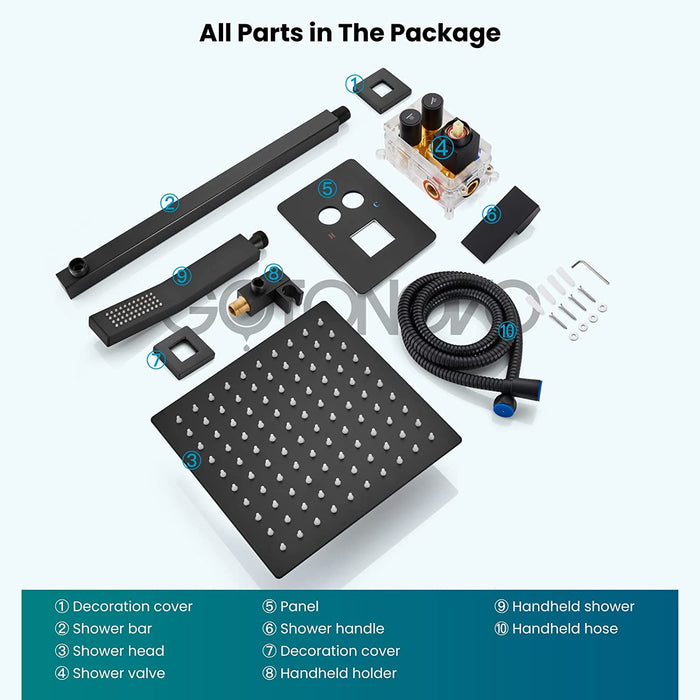 gotonovo Push Button Rain Shower System Rainfall Shower Head with Handheld Shower Wall Mount Pressure Balance Valve Included Dual Functions