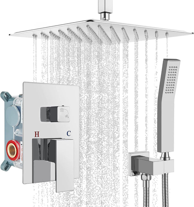 gotonovo Ceiling Mount Rainfall Shower System with Square Shower Head with Handheld shower and Pressure Balance Shower Valve Kit Luxury Rain Mixer Shower Combo Set Bathroom