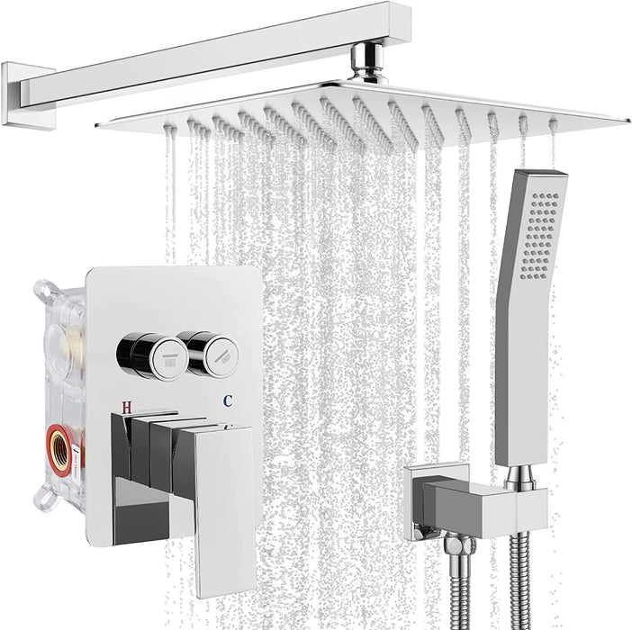gotonovo Push Button Rain Shower System Rainfall Shower Head with Handheld Shower Wall Mount Pressure Balance Valve Included Dual Functions