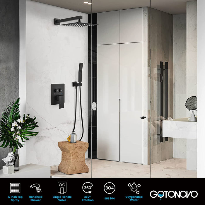 gotonovo Push Button Rain Shower System Rainfall Shower Head with Handheld Shower Wall Mount Pressure Balance Valve Included Dual Functions