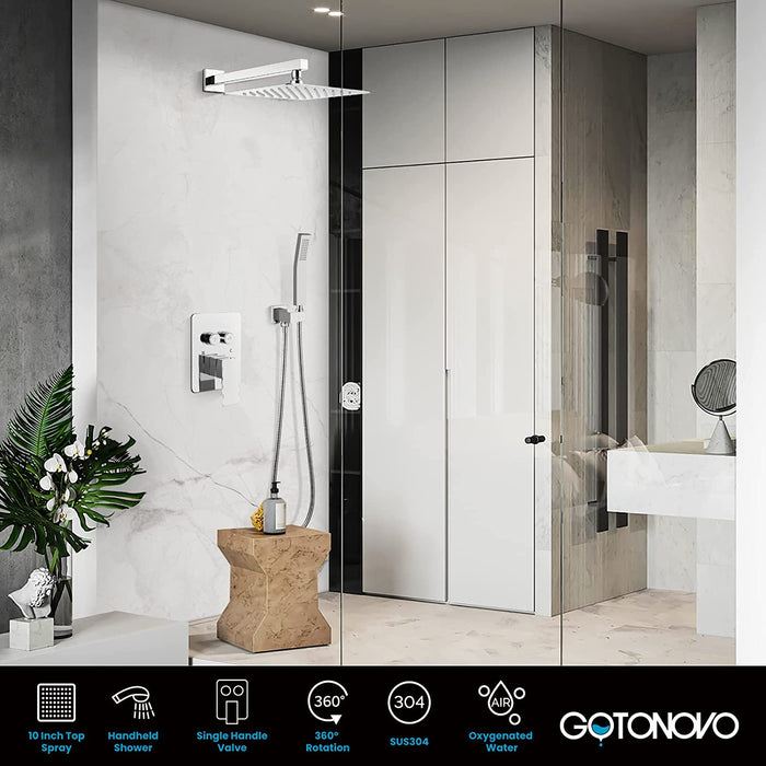 gotonovo Push Button Rain Shower System Rainfall Shower Head with Handheld Shower Wall Mount Pressure Balance Valve Included Dual Functions