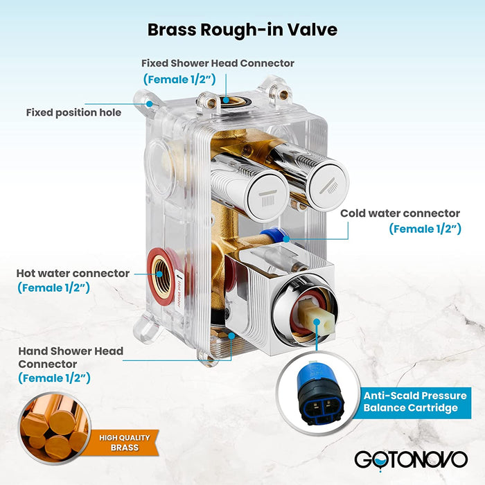 gotonovo Push Button Rain Shower System Rainfall Shower Head with Handheld Shower Wall Mount Pressure Balance Valve Included Dual Functions