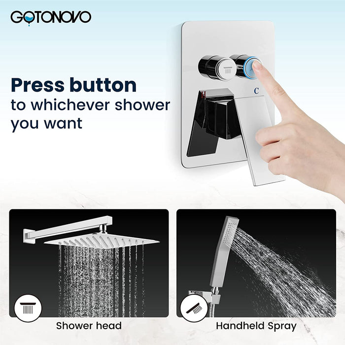 gotonovo Push Button Rain Shower System Rainfall Shower Head with Handheld Shower Wall Mount Pressure Balance Valve Included Dual Functions