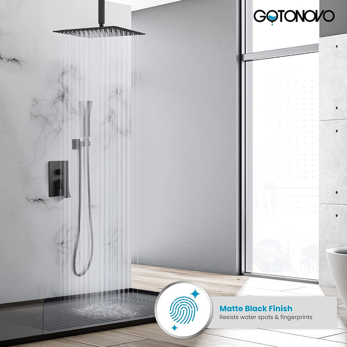 gotonovo Ceiling Mount Rainfall Shower System with Square Shower Head with Handheld shower and Pressure Balance Shower Valve Kit Luxury Rain Mixer Shower Combo Set Bathroom