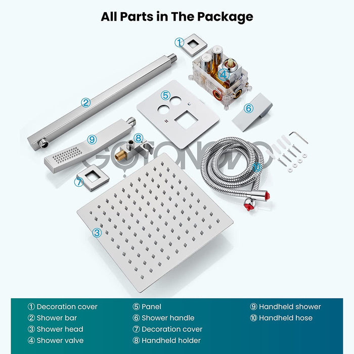 gotonovo Push Button Rain Shower System Rainfall Shower Head with Handheld Shower Wall Mount Pressure Balance Valve Included Dual Functions