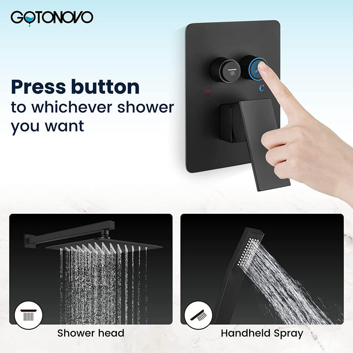 gotonovo Push Button Rain Shower System Rainfall Shower Head with Handheld Shower Wall Mount Pressure Balance Valve Included Dual Functions
