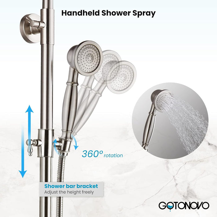 gotonovo Exposed Bathroom Shower Faucet Wall Mounted Shower System Dual Functions 8 inch Wall Mounted with Shower Shelf Double Cross Handles Adjustable Handheld Sprayer