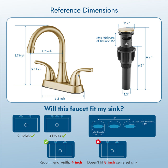 4 Inch Bathroom Sink Faucet 2 Handle Bathroom Faucet 360° Swivel Spout Deck Mounted Vanity Faucet with Water Supply Hoses with Pop up Drain