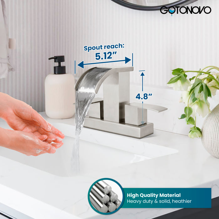 gotonovo Waterfall 4 Inch Centerset Bathroom Sink Faucet 2 Handle Basin Faucets 2 or 3 Hole Deck Mount with Pop Up Drain Included Lavatory Modern Mixer Tap Vanity Faucet