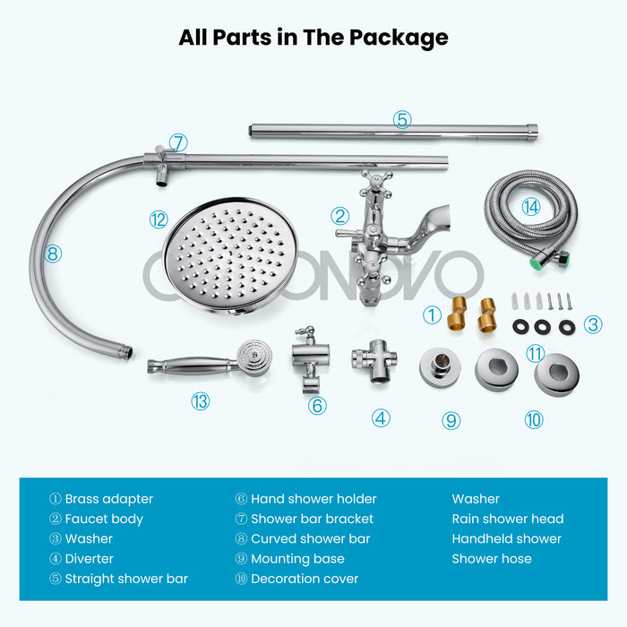 gotonovo Exposed Bathroom Shower System Classic Shower Kit 8 Inch Luxurious Rainfall Shower Head Handheld Spray Tub Filler Brass Pipe 3-Function Wall Mount Double Cross Knobs