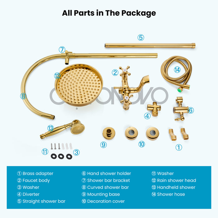 gotonovo Exposed Bathroom Shower System Classic Shower Kit 8 Inch Luxurious Rainfall Shower Head Handheld Spray Tub Filler Brass Pipe 3-Function Wall Mount Double Cross Knobs