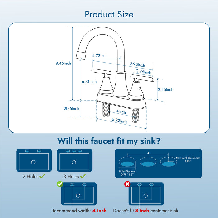 Bathroom Faucets 4 Inch Centerset Bathroom Sink Faucet Deck Mounted Swivel Spout Vanity Lavatory Faucet with Pop-Up Drain 2 Handle Utility Rv Sink Faucet