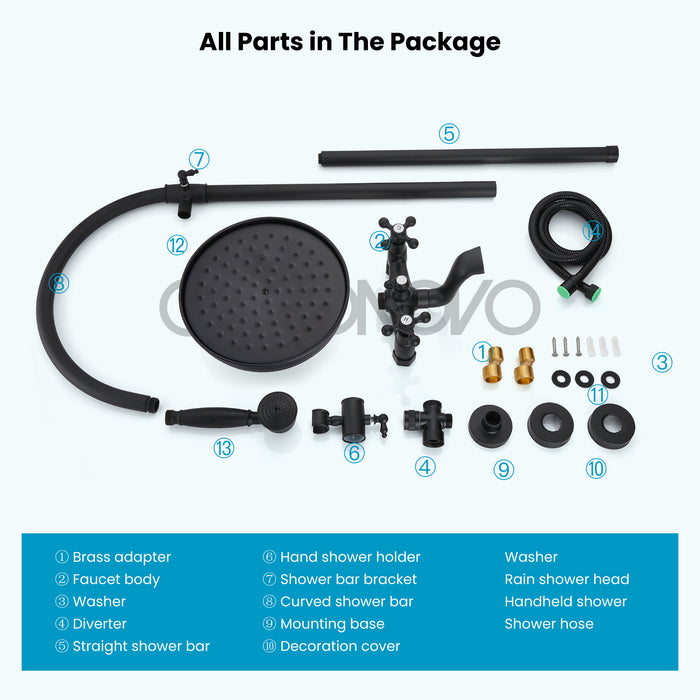 gotonovo Exposed Bathroom Shower System Classic Shower Kit 8 Inch Luxurious Rainfall Shower Head Handheld Spray Tub Filler Brass Pipe 3-Function Wall Mount Double Cross Knobs