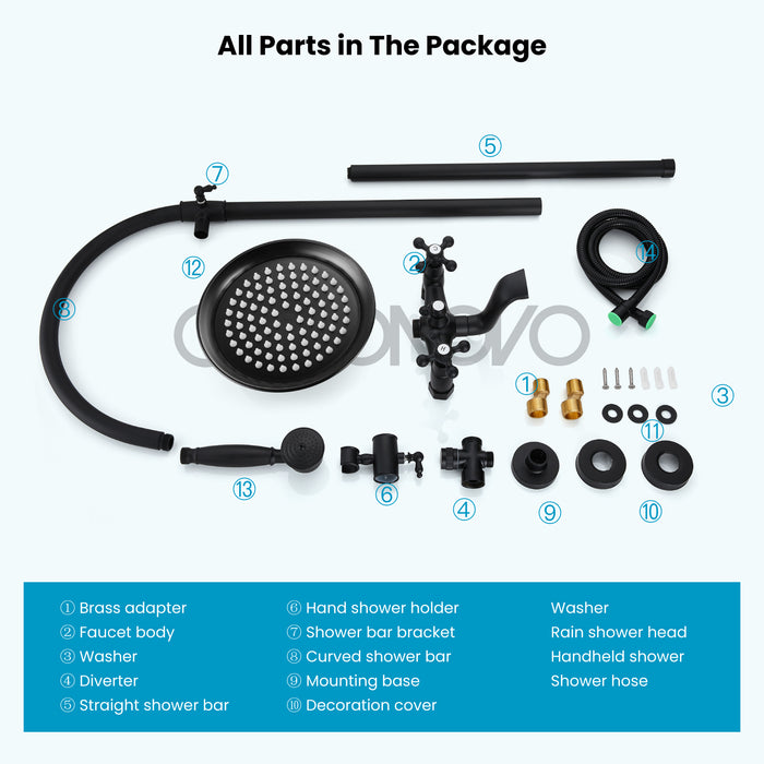 gotonovo Bathroom Classic Exposed Shower Faucet Wall Mount Shower System 8 Inch Luxurious Rainfall Shower Head Set with Tub Spout and Handheld Spray Double Cross Handles