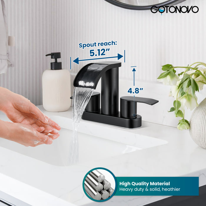gotonovo 4 Inch Centerset Waterfall Bathroom Sink Faucet Deck Mount 2 Handle Basin Faucets 2 or 3 Hole with Pop Up Drain Included Lavatory Modern Mixer Tap Vanity Faucet