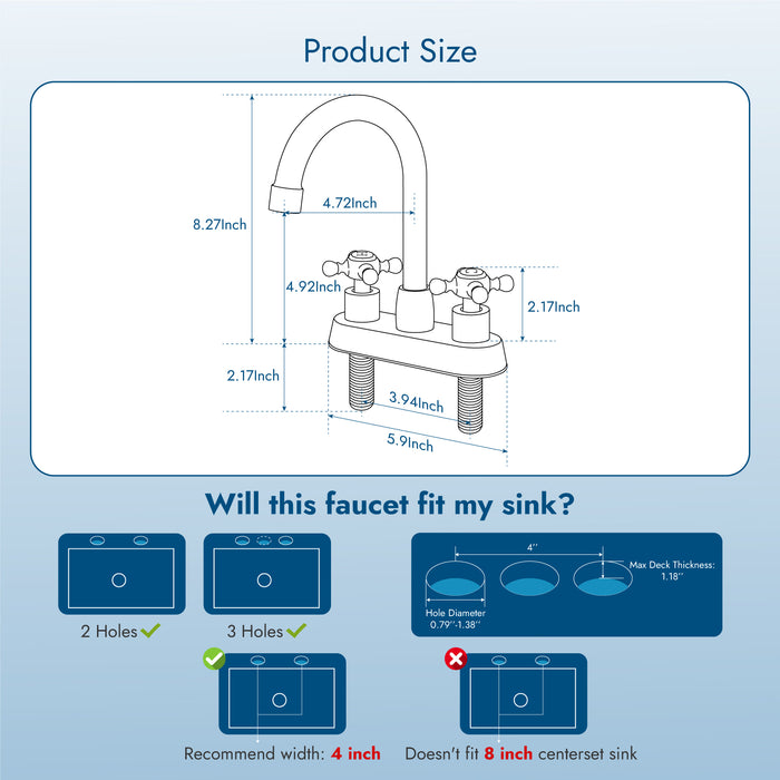 4 Inch centerset Bathroom Faucet Double Cross Handle Vanity Faucet 360° Swivel Spout Deck Mounted Mixer Tap with Pop up Drain Water Supply Hoses