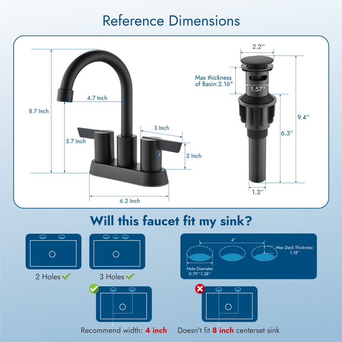 Bathroom Faucet 2 Handle Centerset Bathroom Sink Faucet 4 Inch Bathroom Faucets 360°Swivel Spout Deck Mounted Lavatory Vanity Faucet Mixer Tap with Pop Up Drain
