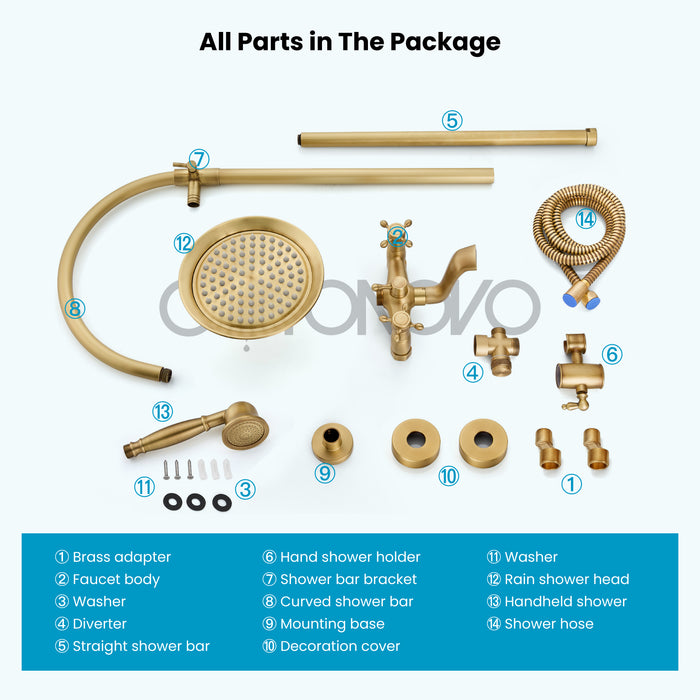 gotonovo Bathroom Classic Exposed Shower Faucet Wall Mount Shower System 8 Inch Luxurious Rainfall Shower Head Set with Tub Spout and Handheld Spray Double Cross Handles