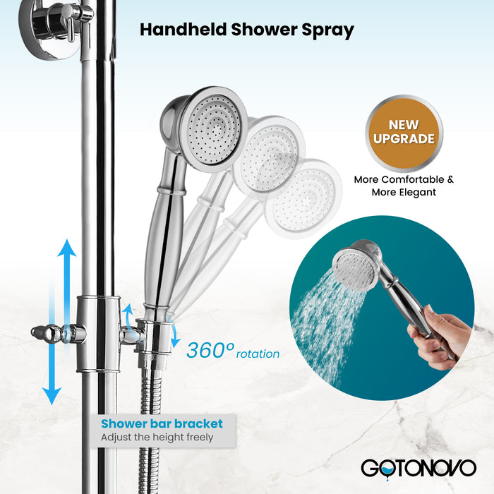 gotonovo Bathroom Classic Exposed Shower Faucet Wall Mount Shower System 8 Inch Luxurious Rainfall Shower Head Set with Tub Spout and Handheld Spray Double Cross Handles