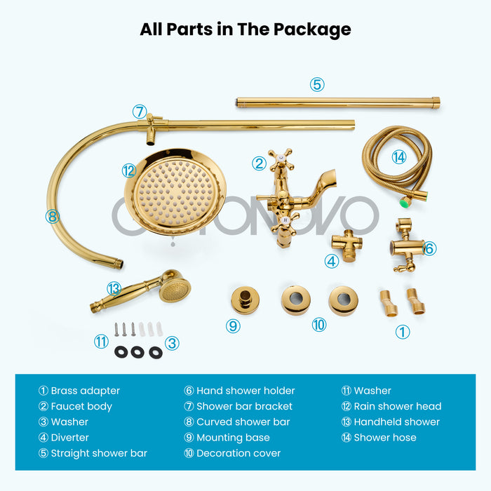 gotonovo Bathroom Classic Exposed Shower Faucet Wall Mount Shower System 8 Inch Luxurious Rainfall Shower Head Set with Tub Spout and Handheld Spray Double Cross Handles