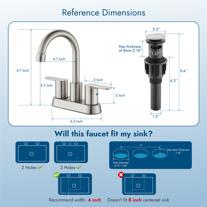 Bathroom Faucet 4 Inch Centerset Bathroom Sink Faucet, Double Handle Bathroom Faucets 360 Degree Swivel Spout Deck Mounted Lavatory Vanity Faucet Mixer Tap with Pop Up Drain