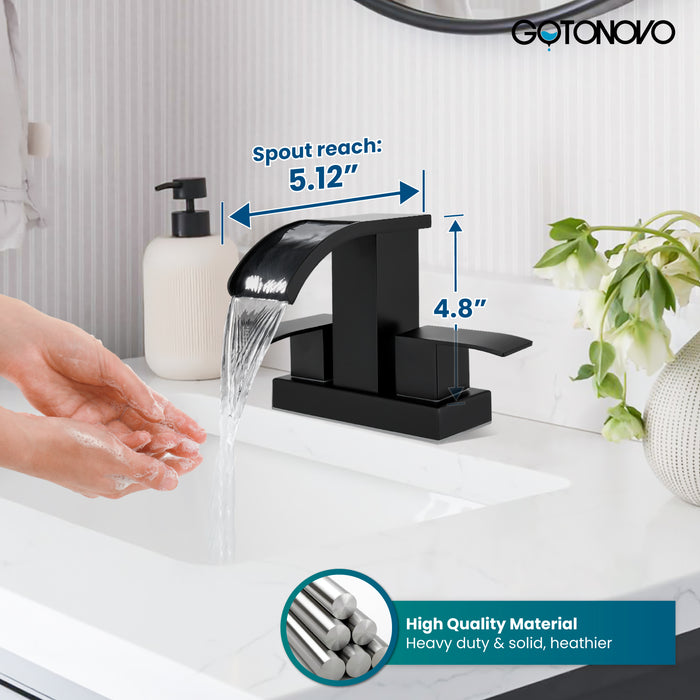 gotonovo Waterfall 4 Inch Centerset Bathroom Sink Faucet 2 Handle Basin Faucets 2 or 3 Hole Deck Mount with Pop Up Drain Included Lavatory Modern Mixer Tap Vanity Faucet