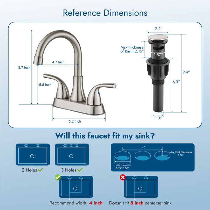 4 Inch Bathroom Sink Faucet 2 Handle Bathroom Faucet 360° Swivel Spout Deck Mounted Vanity Faucet with Water Supply Hoses with Pop up Drain