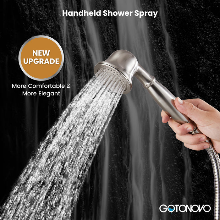 gotonovo Exposed Bathroom Shower System Classic Shower Kit 8 Inch Luxurious Rainfall Shower Head Handheld Spray Tub Filler Brass Pipe 3-Function Wall Mount Double Cross Knobs