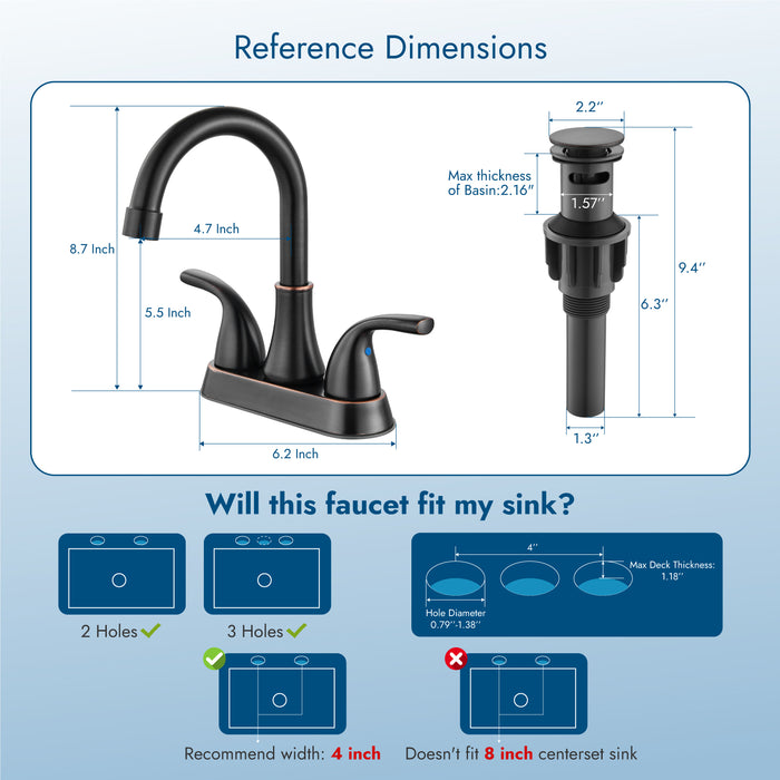 4 Inch Bathroom Sink Faucet 2 Handle Bathroom Faucet 360° Swivel Spout Deck Mounted Vanity Faucet with Water Supply Hoses with Pop up Drain