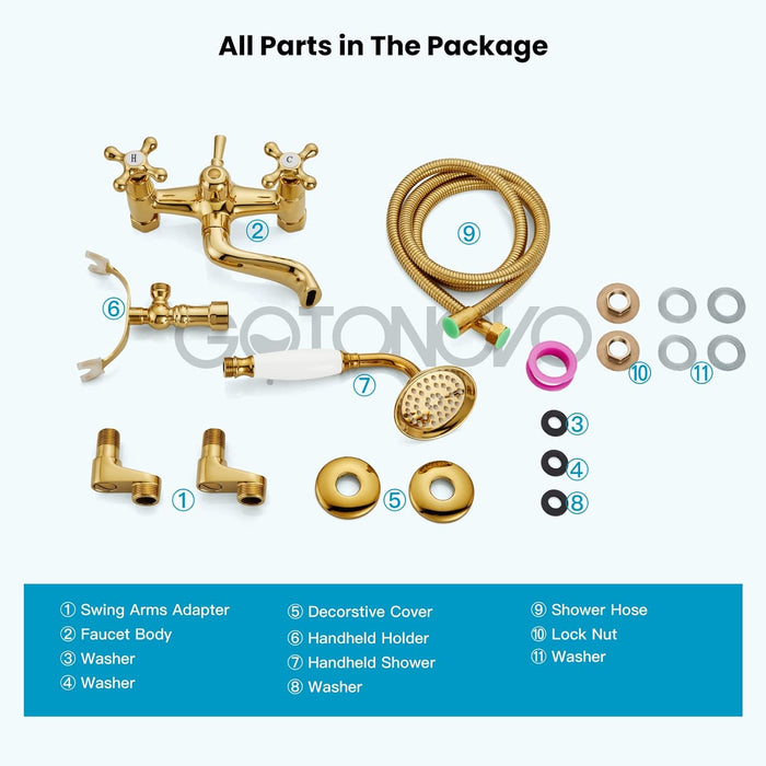 gotonovo Clawfoot Bathtub Faucet Tub Filler with Hand Held Shower Faucet Set Victorian Double Cross Handle 6 Inch Center Adjustable Swing Arms Tub Mount Short Adapter