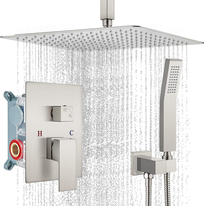 gotonovo Ceiling Mount Rainfall Shower System with Square Shower Head with Handheld shower and Pressure Balance Shower Valve Kit Luxury Rain Mixer Shower Combo Set Bathroom