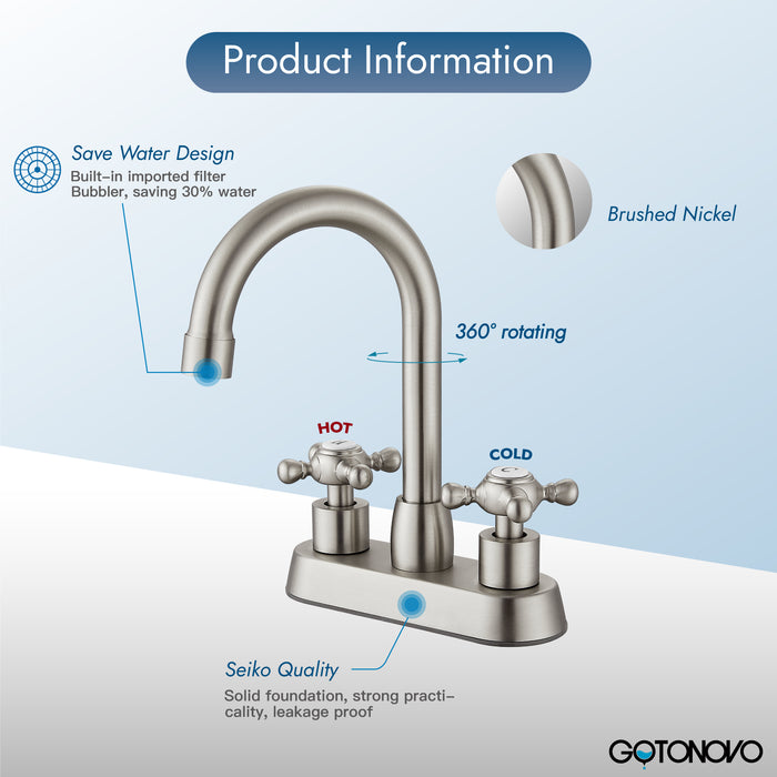 4 Inch centerset Bathroom Faucet Double Cross Handle Vanity Faucet 360° Swivel Spout Deck Mounted Mixer Tap with Pop up Drain Water Supply Hoses