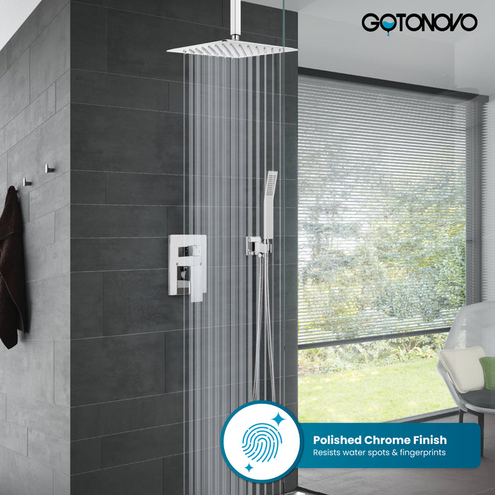 gotonovo Rain Shower System Ceiling Mount 12 Inch Shower Head with Handheld Spray Luxury High Pressure Shower Combo Set Rough-in Valve and Shower Trim Included Dual Function