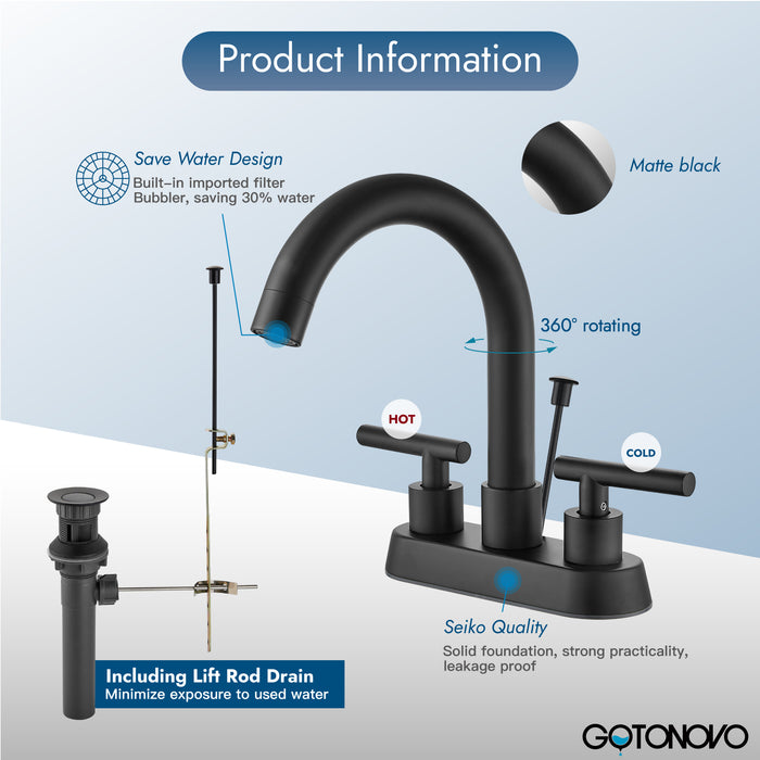 4 Inch Centerset Bathroom Faucets with Lift Rod Drain Stopper Bathroom Sink Faucet 3 Holes Dual Handle Vanity Faucet 360° Swivel Spout Lavatory RV Faucet Mixer Tap