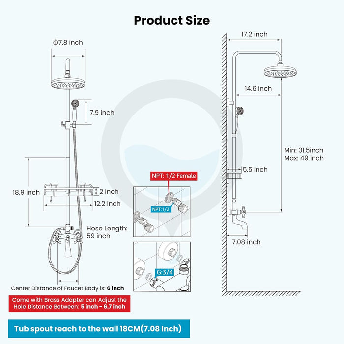 gotonovo Exposed Bathroom Tub Shower Faucet Set with Shower Shelf 8 inch Rainfall Shower Head with Handheld Spray with Tub Spout Shower System 3 Function Wall Mounted Double Cross Handle