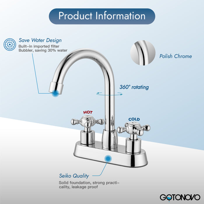 4 Inch centerset Bathroom Faucet Double Cross Handle Vanity Faucet 360° Swivel Spout Deck Mounted Mixer Tap with Pop up Drain Water Supply Hoses