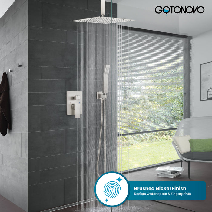 gotonovo Rain Shower System Ceiling Mount 12 Inch Shower Head with Handheld Spray Luxury High Pressure Shower Combo Set Rough-in Valve and Shower Trim Included Dual Function