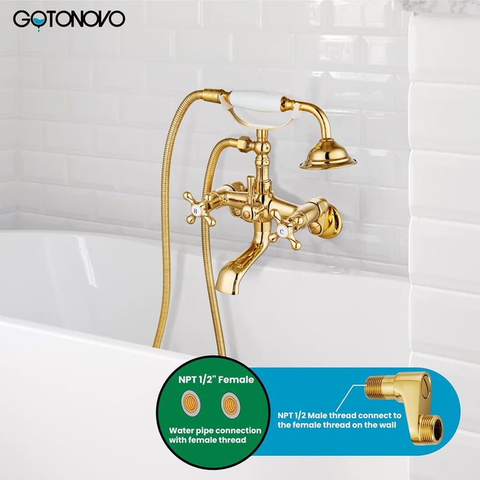 gotonovo Clawfoot Bathtub Faucet Tub Filler with Hand Held Shower Faucet Set Victorian Double Cross Handle 6 Inch Center Adjustable Swing Arms Tub Mount Short Adapter