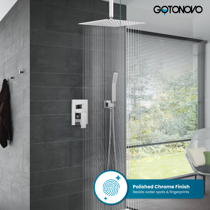 gotonovo Rain Shower System Ceiling Mount 12 Inch Shower Head with Handheld Spray Luxury High Pressure Shower Combo Set Rough-in Valve and Shower Trim Included Dual Function