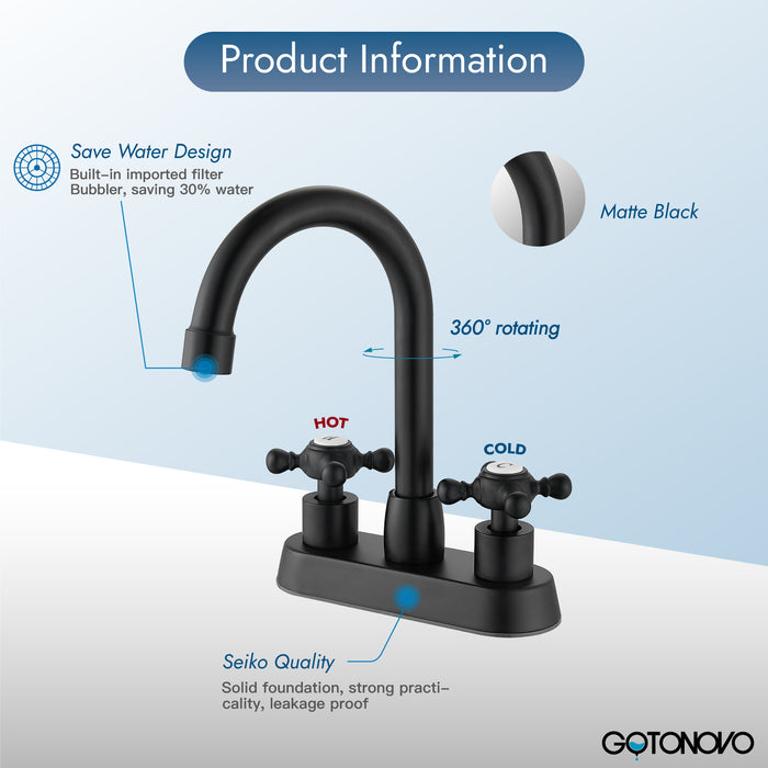 4 Inch centerset Bathroom Faucet Double Cross Handle Vanity Faucet 360° Swivel Spout Deck Mounted Mixer Tap with Pop up Drain Water Supply Hoses