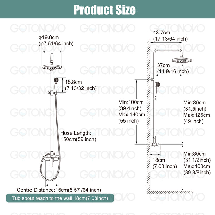 gotonovo Exposed Pipe Shower Kit 8” Rainfall Shower Head System Set One Handle with Hand Held Spray Bathroom Shower Faucet Adjustable Showerhead Bar