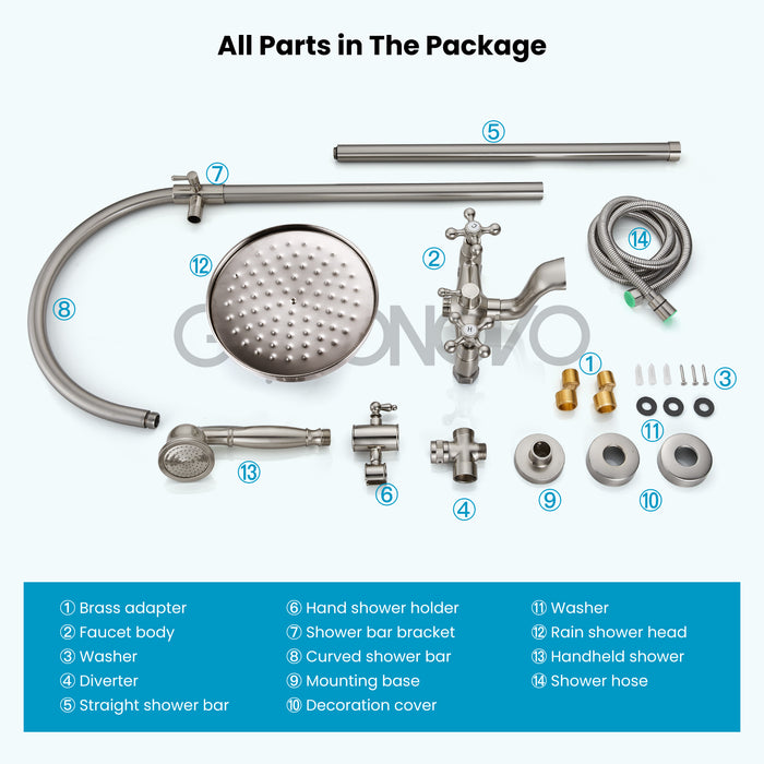 gotonovo Exposed Bathroom Shower System Classic Shower Kit 8 Inch Luxurious Rainfall Shower Head Handheld Spray Tub Filler Brass Pipe 3-Function Wall Mount Double Cross Knobs